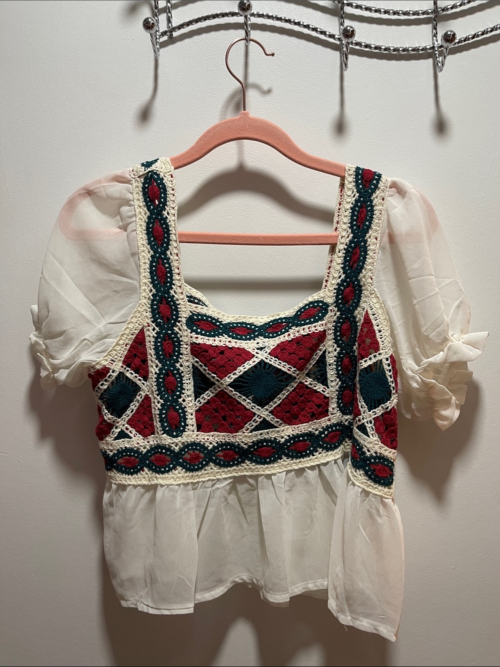 NWOT Boho Crochet Puff Sleeve Top
